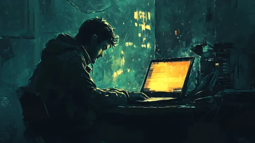 Solitary figure at laptop in dim green-toned workspace.