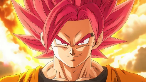 Red haired anime fighter stares forward against glowing sky