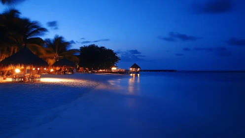 Twilight Beach Resort Illuminated Against Deep Blue Dusk Sky
