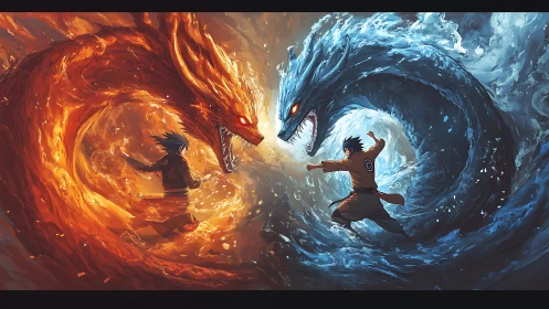 Elemental ninja duel commands roaring fire and water beasts.