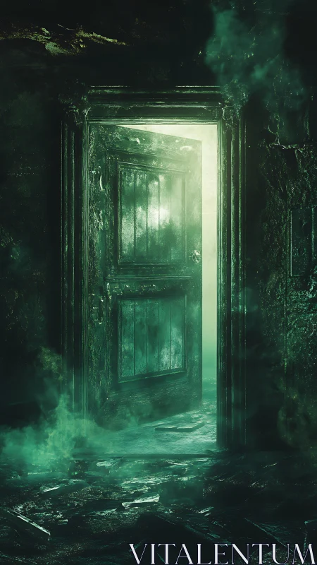 Rotting doorway opens into eerie green luminous void