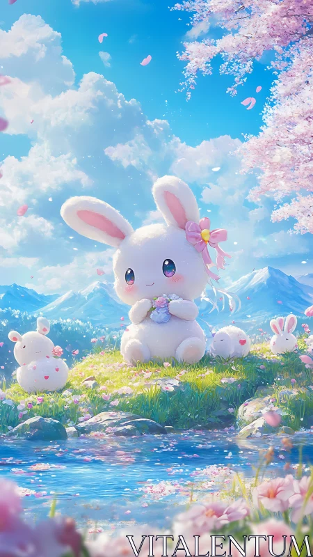 Cartoon rabbits in floral meadow beside reflective stream.