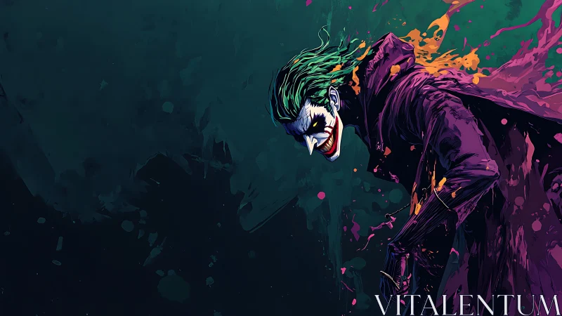 Twisted clown villain leans forward amid splattered neon paint