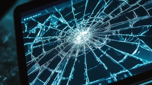 Shattered tablet screen radiates icy digital fractures outward.