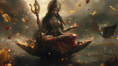 Lotus throne fire goddess in swirling autumn dusk storm.