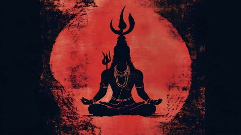 Silhouetted Shiva meditates before a burning red sun.