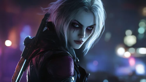 White-haired cyberpunk hunter glares over neon city at night