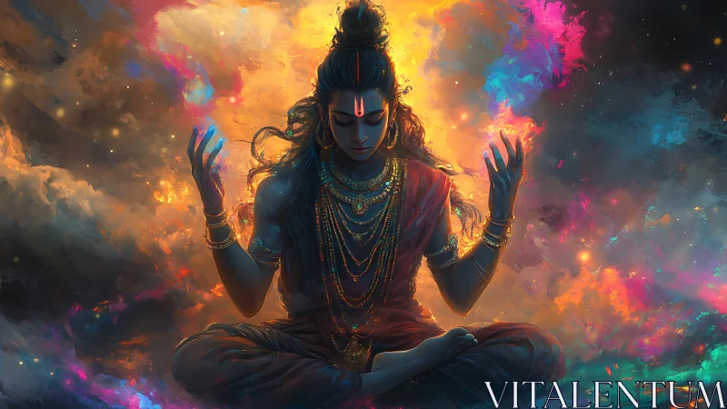 Divine meditator summons radiant cosmic fire in silence