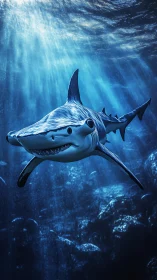 Curious hammerhead shark gliding through sunlit blue depths.