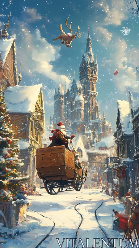 Santa rides flying sleigh wagon above snowy festive town