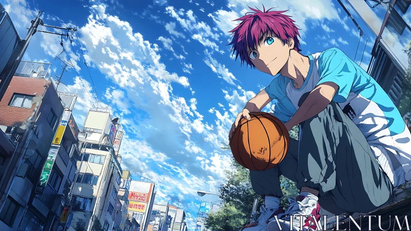 Streetlit skycourt dreams with a red-haired urban baller.