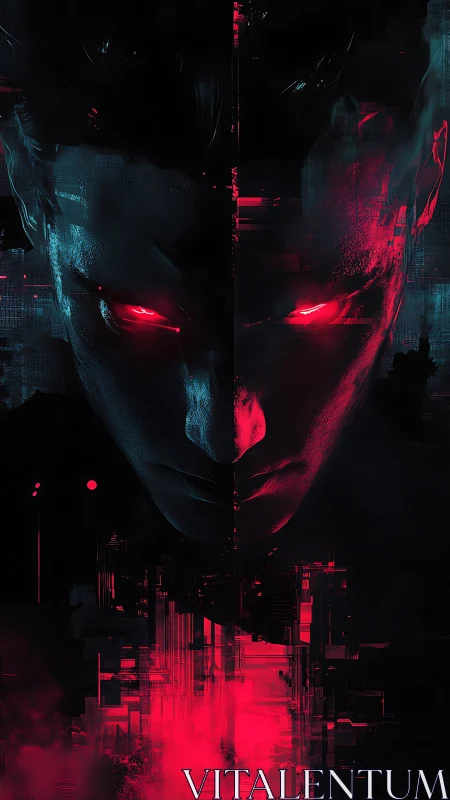 Intense cybernetic face glows with split red and blue light