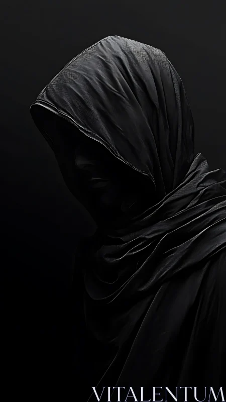 Mysterious hooded figure wrapped in soft shadowed folds.