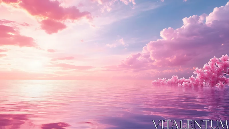 Pink-hued seascape with clouds and distant flowering branch.