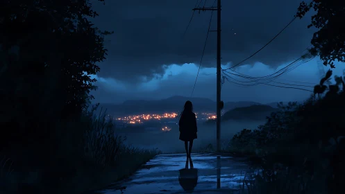 Silhouetted figure overlooks nocturnal town under storm clouds