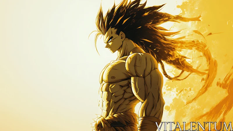 Saiyan warrior stands in blazing golden aura of power.