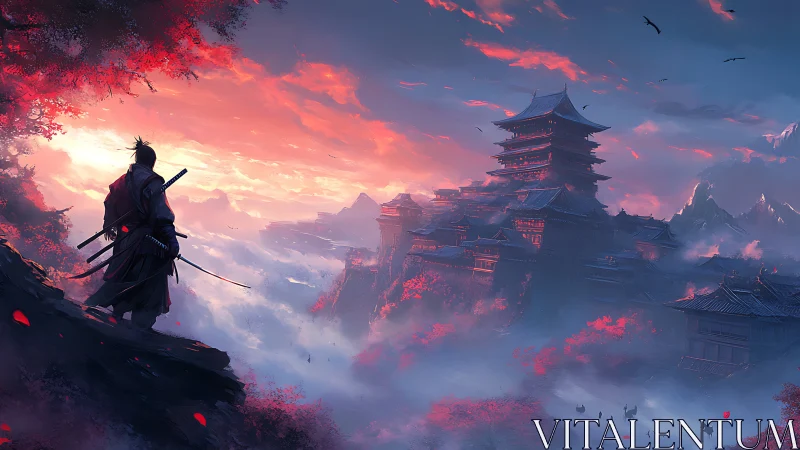 Samurai at dawn gazing over misty crimson temple valley.