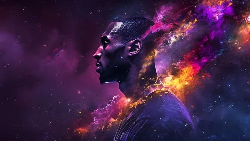 Profile portrait of man merging with vivid cosmic nebula