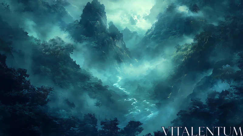 Atmospheric mountain valley rendered with volumetric fog gradients