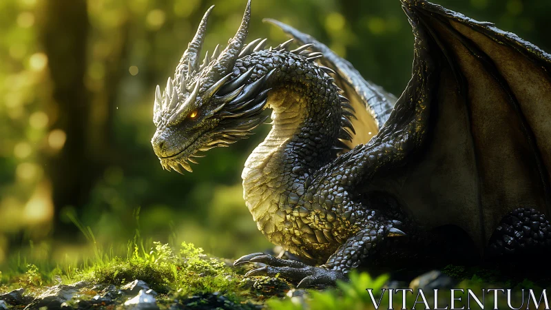 Bioluminescent silver dragon resting in sunlit forest clearing