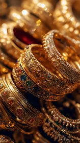 Ornate gold bangles stacked in warm jewel-toned light.