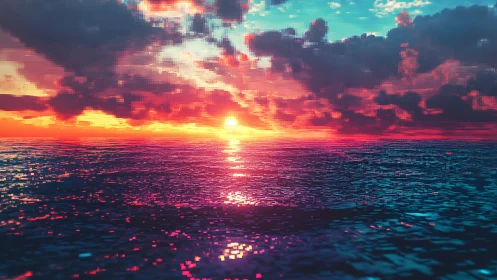 Neon pixel seascape under radiant cyber sunset glow.