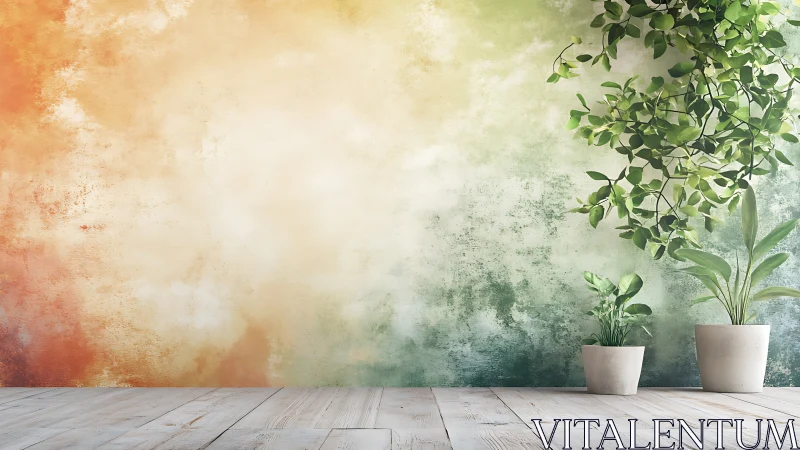 Potted indoor plants stand before textured gradient wall