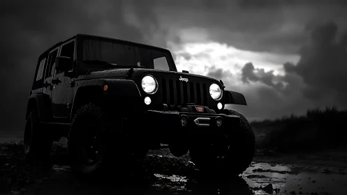 Wet off-road Jeep Wrangler in stormy high-contrast lighting.