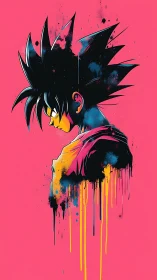 Side profile anime warrior in bold dripping colors.