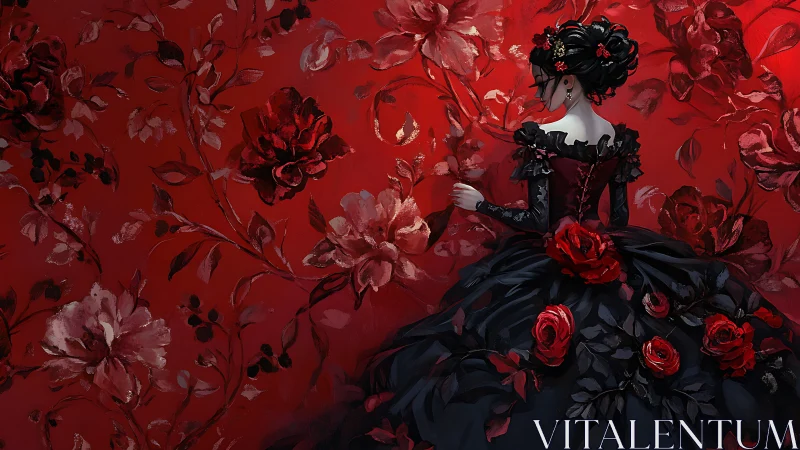 Gothic lady in black gown framed by crimson floral wall.