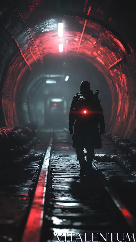 Lone courier stalking neon tunnels in red-soaked silence.