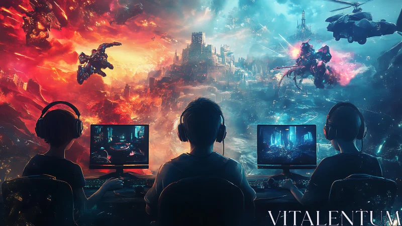 Trio of gamers dive into a split fiery and neon cyberworld.