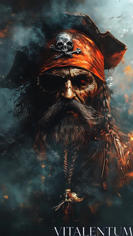 Digital portrait of weathered pirate captain in smoke.
