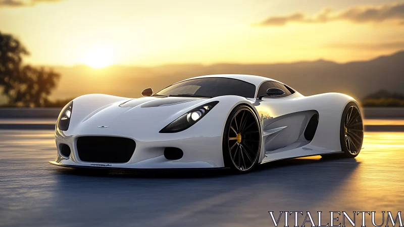 White hypercar cuts low silhouette under warm sunset sky