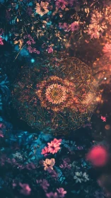 Ornate circular mandala suspended amid dense floral field.