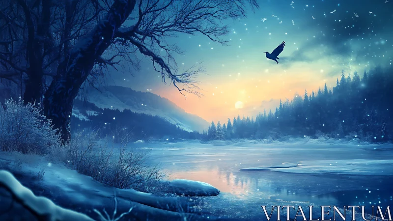 Winter river sunrise with a lone crow in tranquil flight.