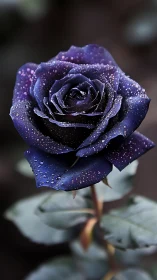 Deep purple rose bloom covered in water droplets