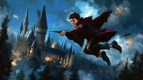 Young wizard flying past gothic castle in stormy sky.