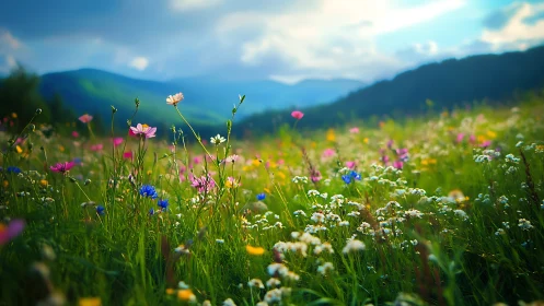 Wildflower meadow glows beneath soft mountainside daylight