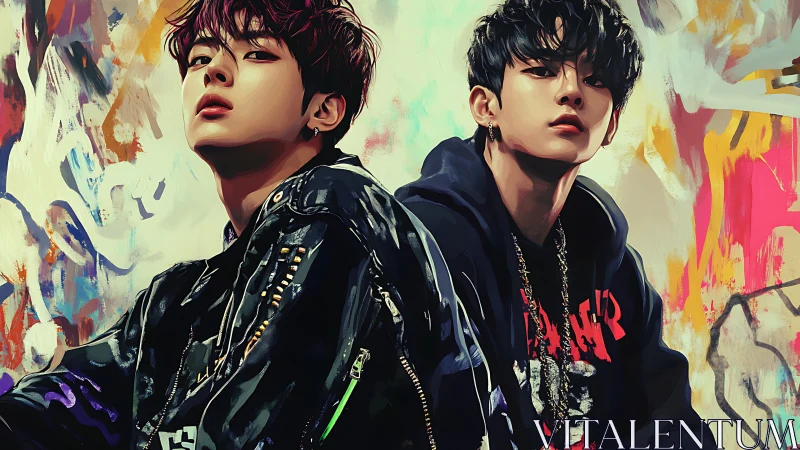Dual portrait of stylized streetwear youths against graffiti field