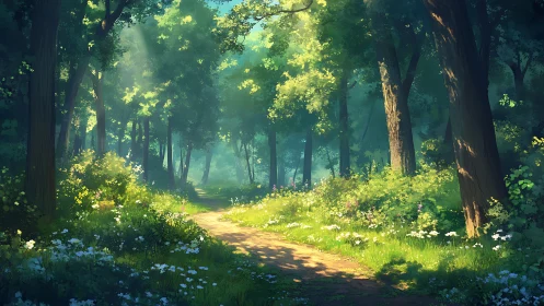 Forest Path Through Ancient Woods with Golden Sunlight.