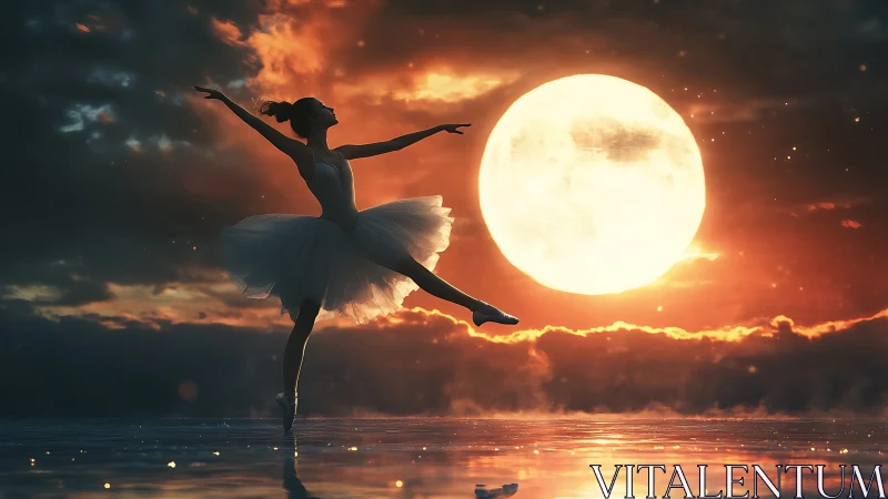 Moonlit ballerina silhouette glides over reflective water.
