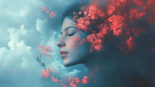 Dreaming girl drifts through clouds and blooming petals.