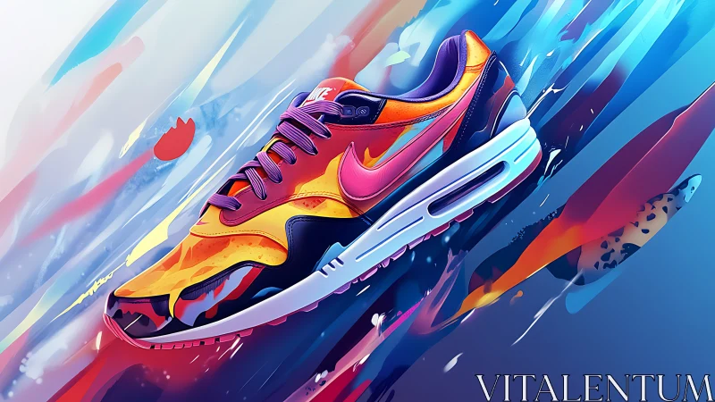 Vibrant neon sneaker glides through abstract color streaks