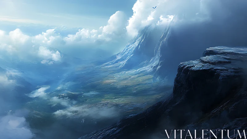 Sweeping digital vista shows towering cliffs and low clouds