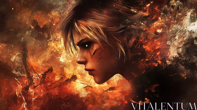 Battle-scarred warrior profile emerges through burning chaos