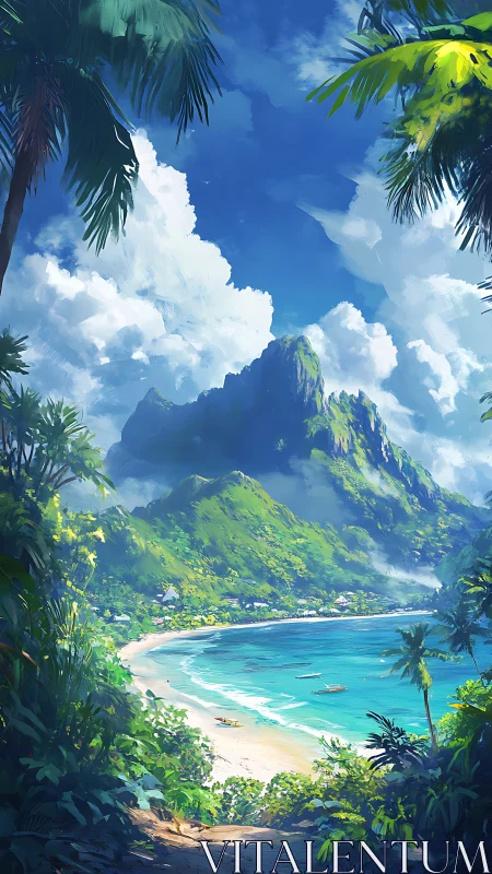 Tropical Island Cove with Mountains and Beach View.