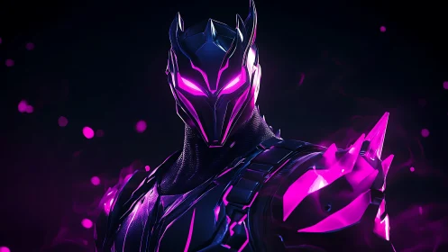 Armored humanoid figure with neon magenta highlights at night.