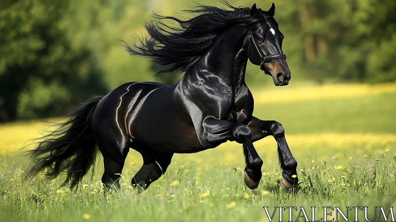 Black horse running through green field in bright daylight.