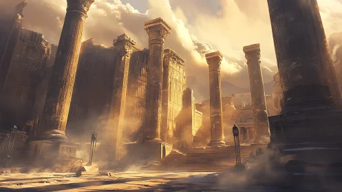 Sunlit monumental ruins with tall stone columns and steps.